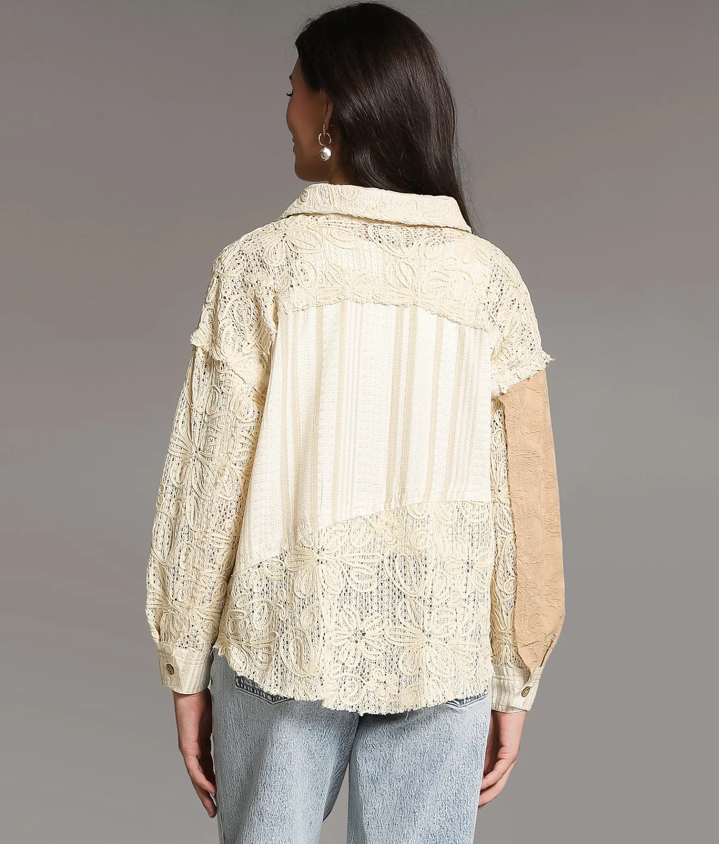 BKE Pieced Floral Crochet Shirt Cream Beige Sale