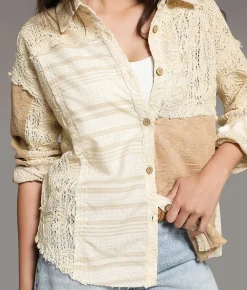 BKE Pieced Floral Crochet Shirt Cream Beige Sale