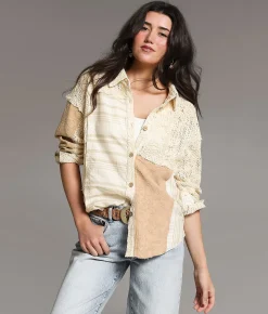 BKE Pieced Floral Crochet Shirt Cream Beige Sale