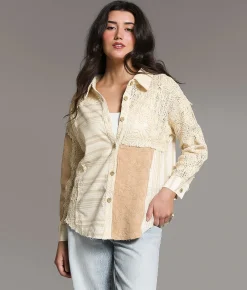BKE Pieced Floral Crochet Shirt Cream Beige Sale