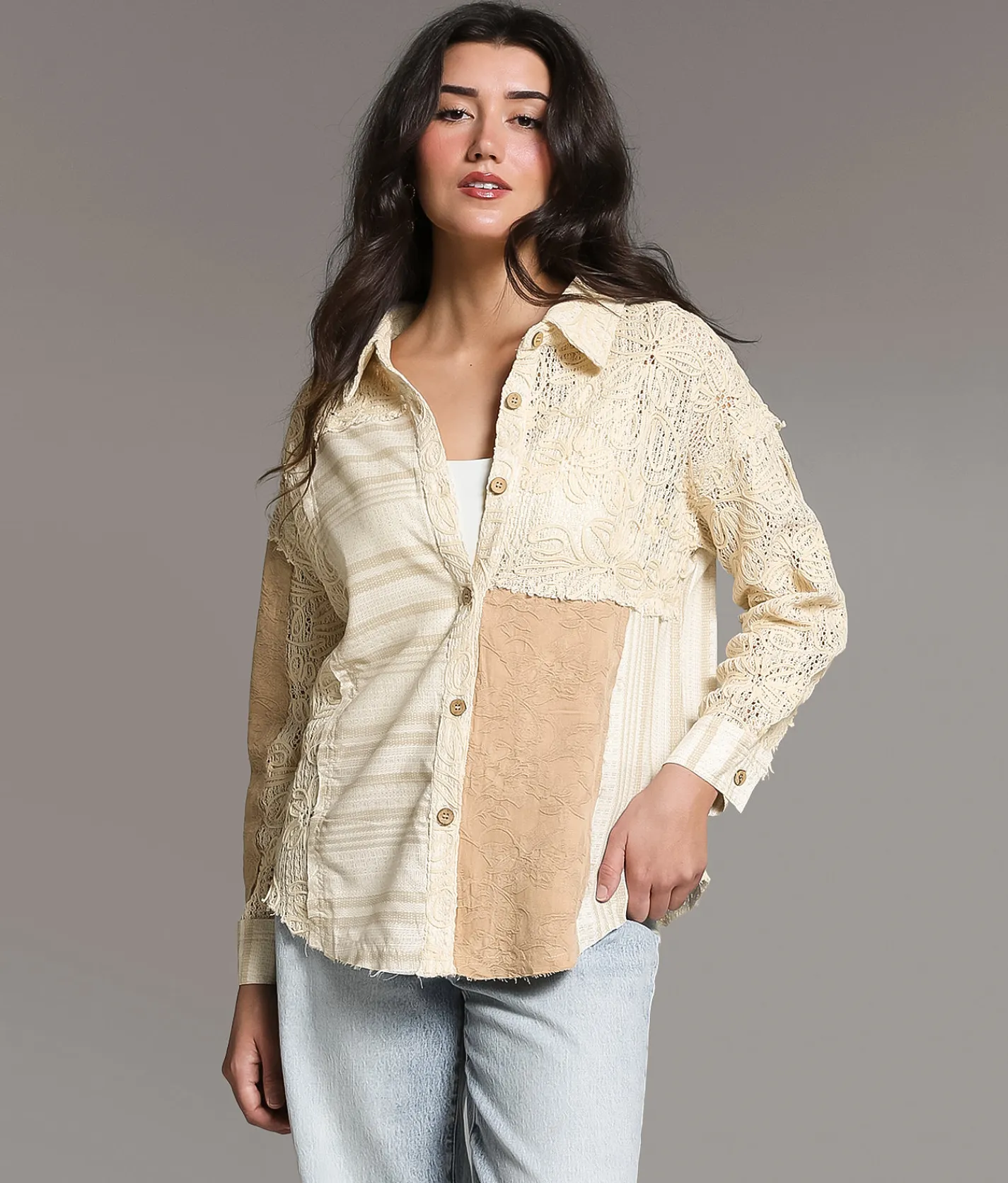 BKE Pieced Floral Crochet Shirt Cream Beige Sale