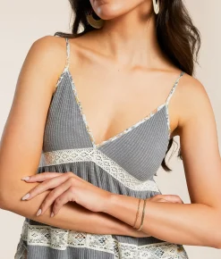 POL Pieced Floral Crochet Tank Top Charcoal Clearance
