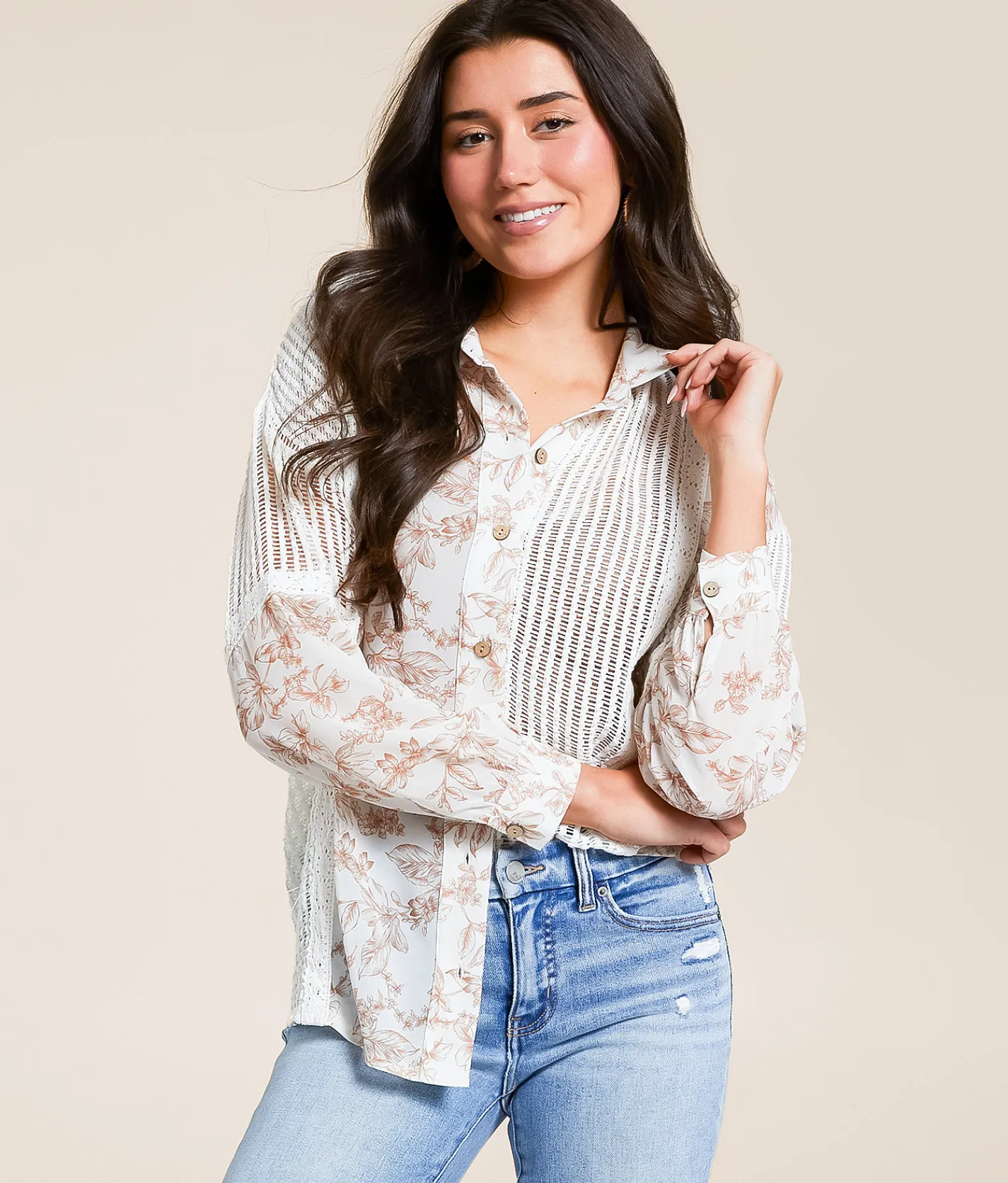 Tops | Daytrip Pieced Floral Crochet Top Taupe Cream White