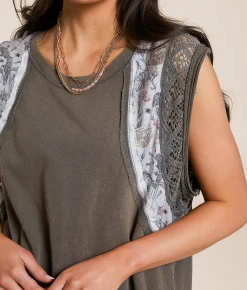POL Pieced Floral Crochet Top Charcoal Discount