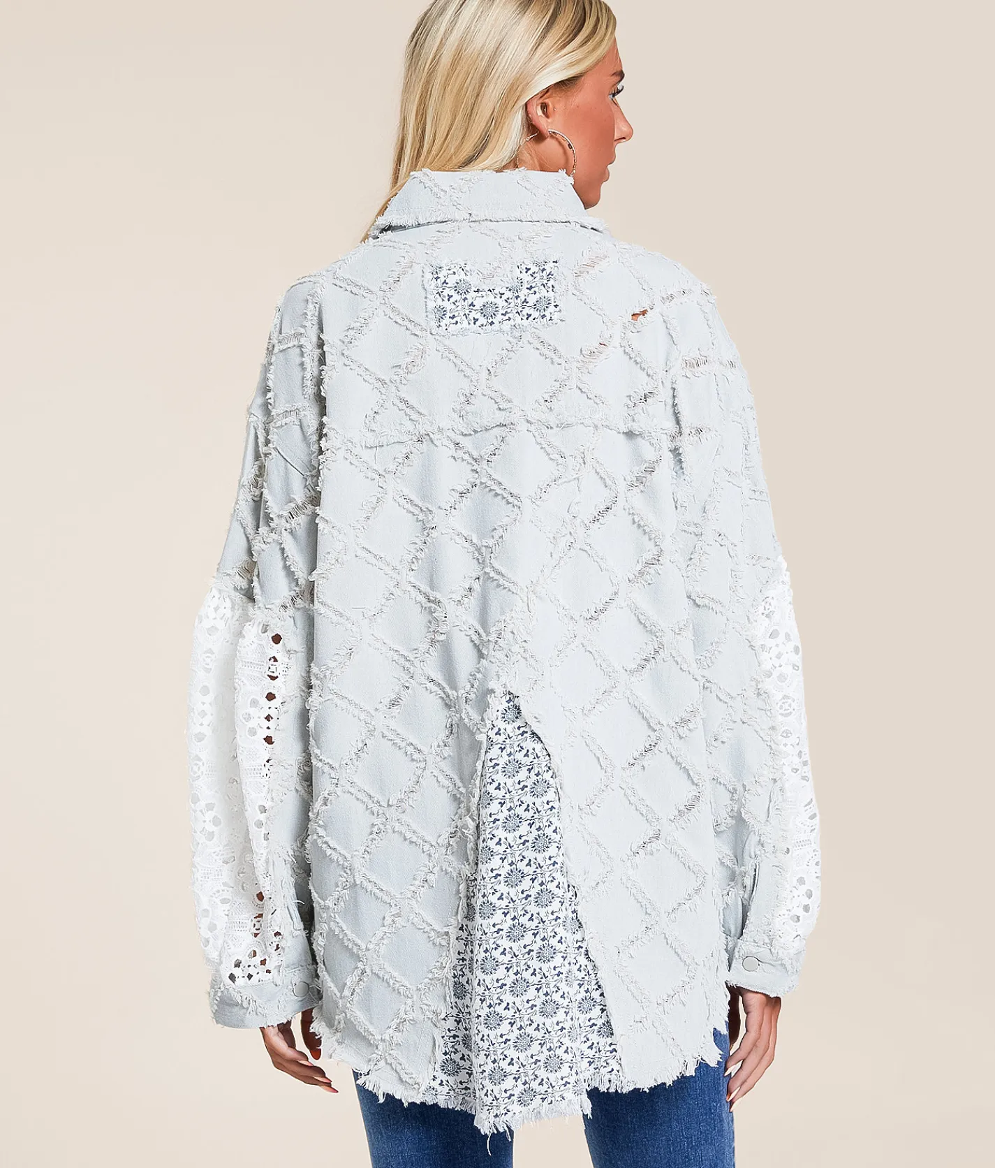 POL Pieced Floral Denim Oversized Shacket Denim Floral Multi Sale