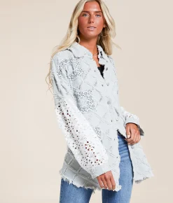 POL Pieced Floral Denim Oversized Shacket Denim Floral Multi Sale