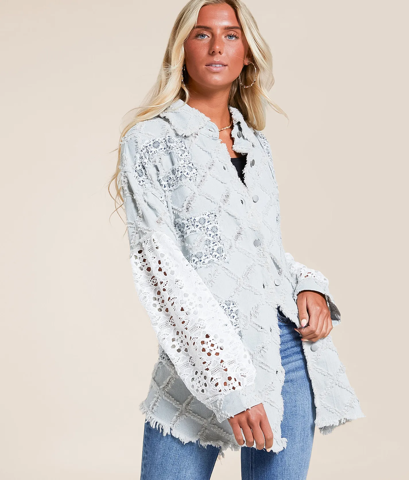 POL Pieced Floral Denim Oversized Shacket Denim Floral Multi Sale