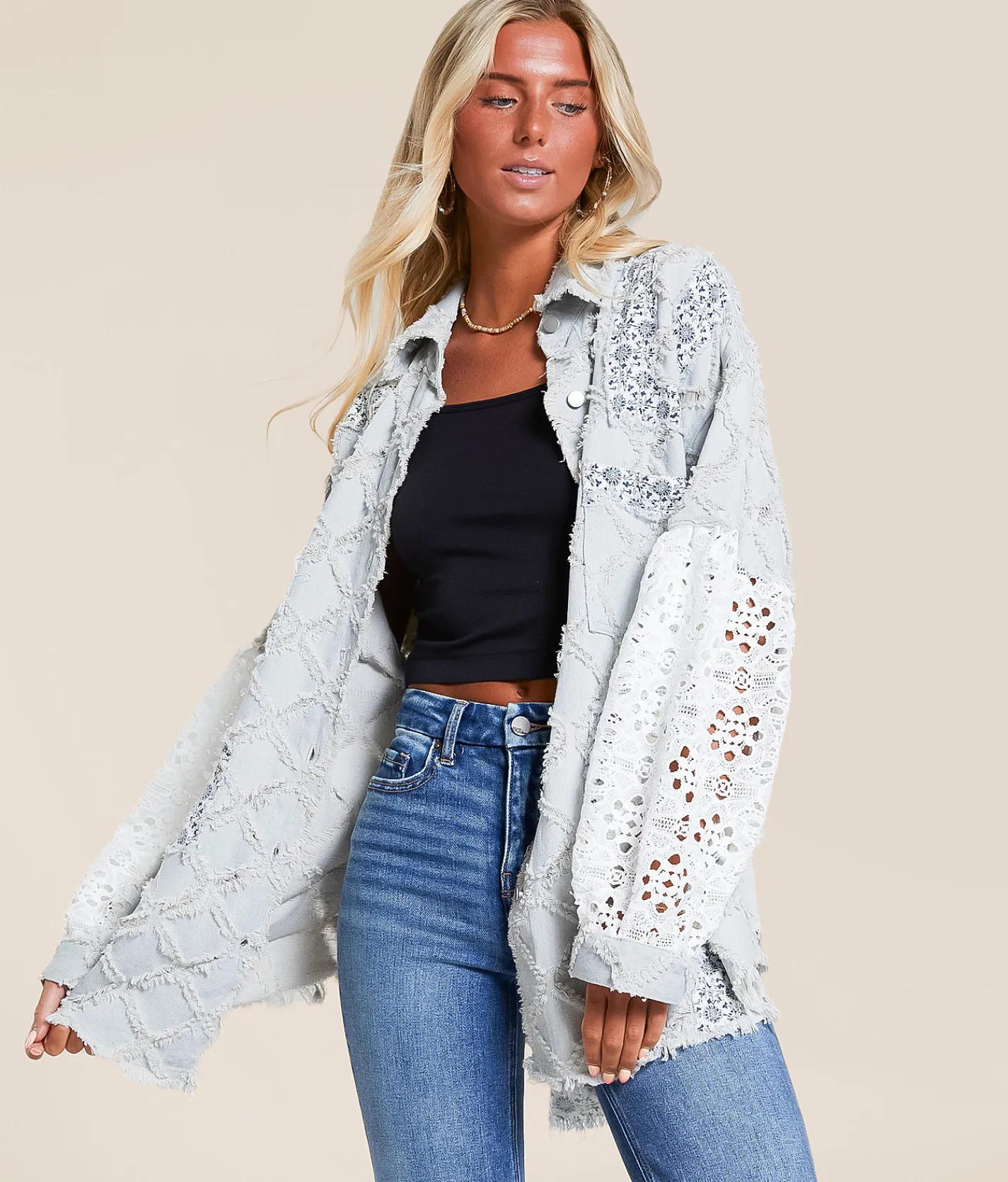 POL Pieced Floral Denim Oversized Shacket Denim Floral Multi Sale