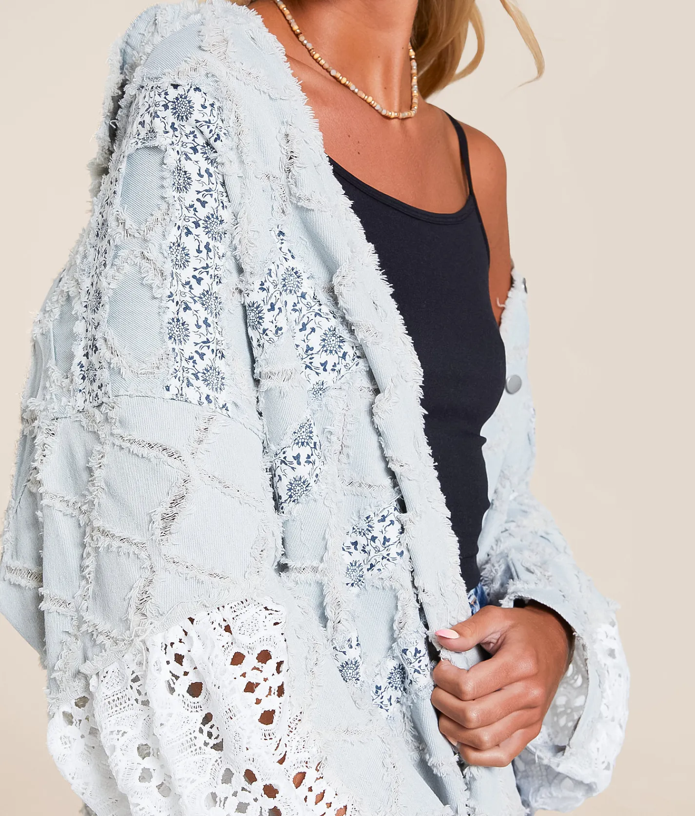 POL Pieced Floral Denim Oversized Shacket Denim Floral Multi Sale