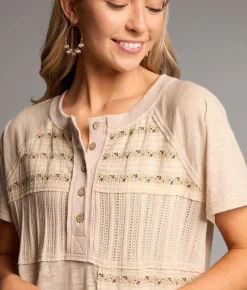 Tops | BKE Pieced Floral Embroidered Henley Birch