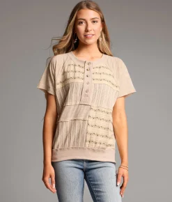 Tops | BKE Pieced Floral Embroidered Henley Birch