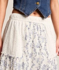 Trixxi Pieced Floral Eyelet Maxi Skirt White Blue