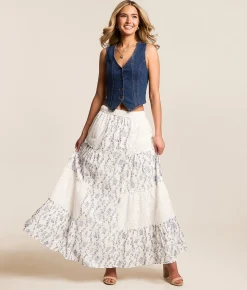 Trixxi Pieced Floral Eyelet Maxi Skirt White Blue