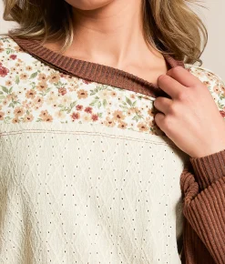 Daytrip Pieced Floral Eyelet Top Brown Multi