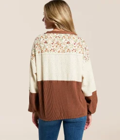 Daytrip Pieced Floral Eyelet Top Brown Multi