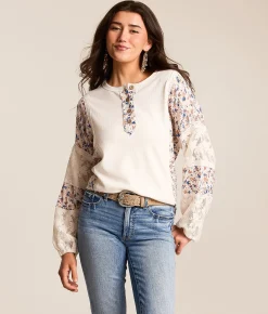 Tops | Daytrip Pieced Floral Henley Cream Multi