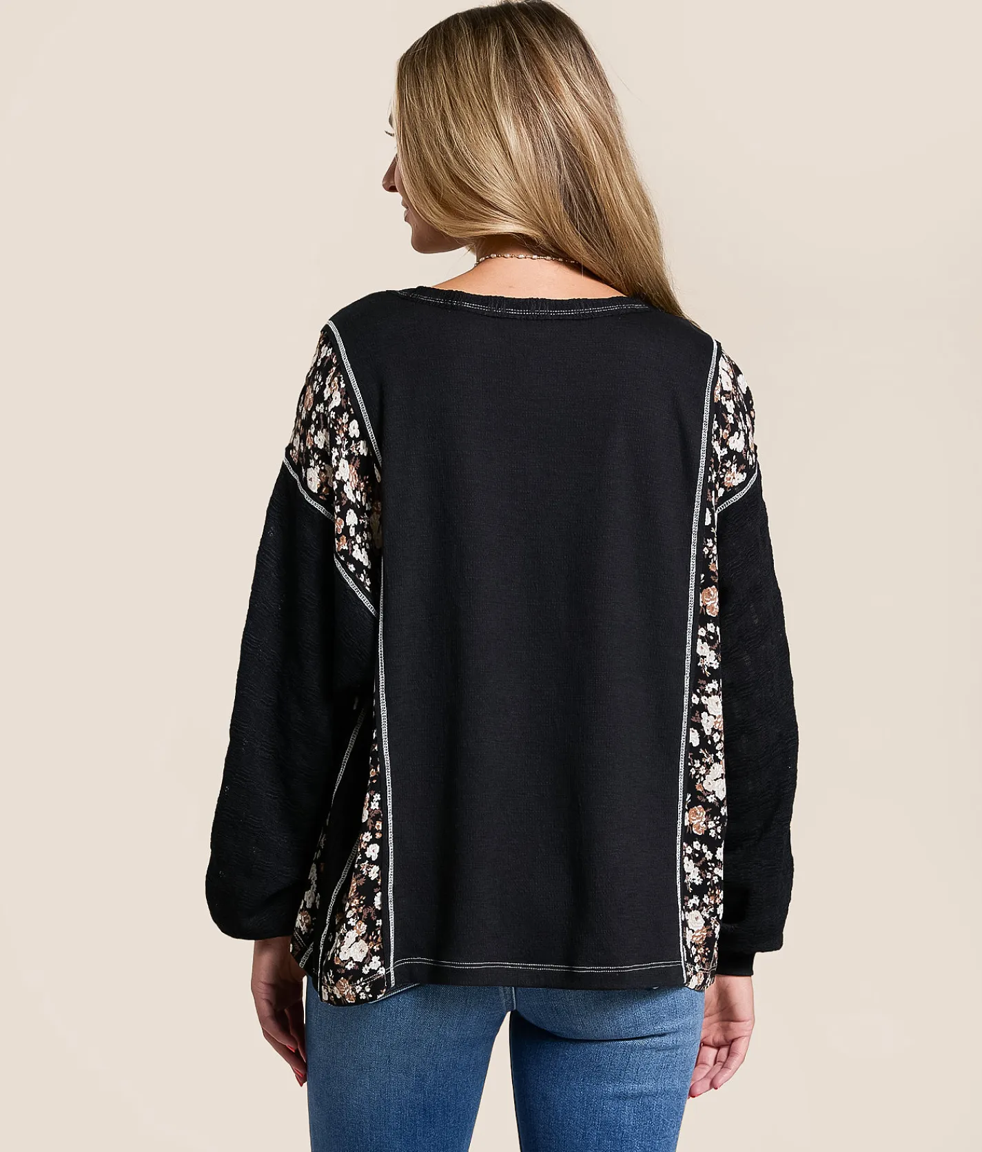 Daytrip Pieced Floral Henley Black Discount