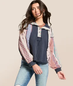 POL Pieced Floral Hooded Baby Doll Henley Navy Discount
