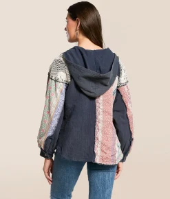 POL Pieced Floral Hooded Baby Doll Henley Navy Discount