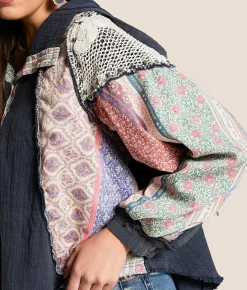 POL Pieced Floral Hooded Baby Doll Henley Navy Discount