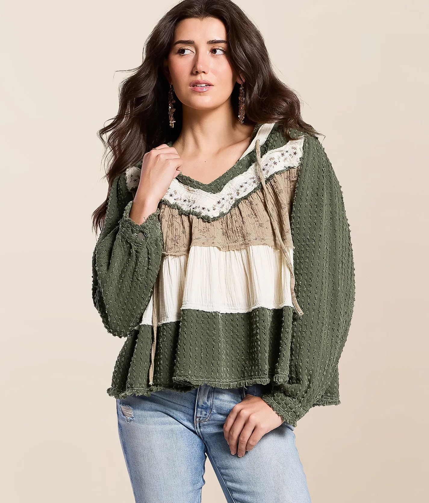 POL Pieced Floral Hoodie Olive Outlet