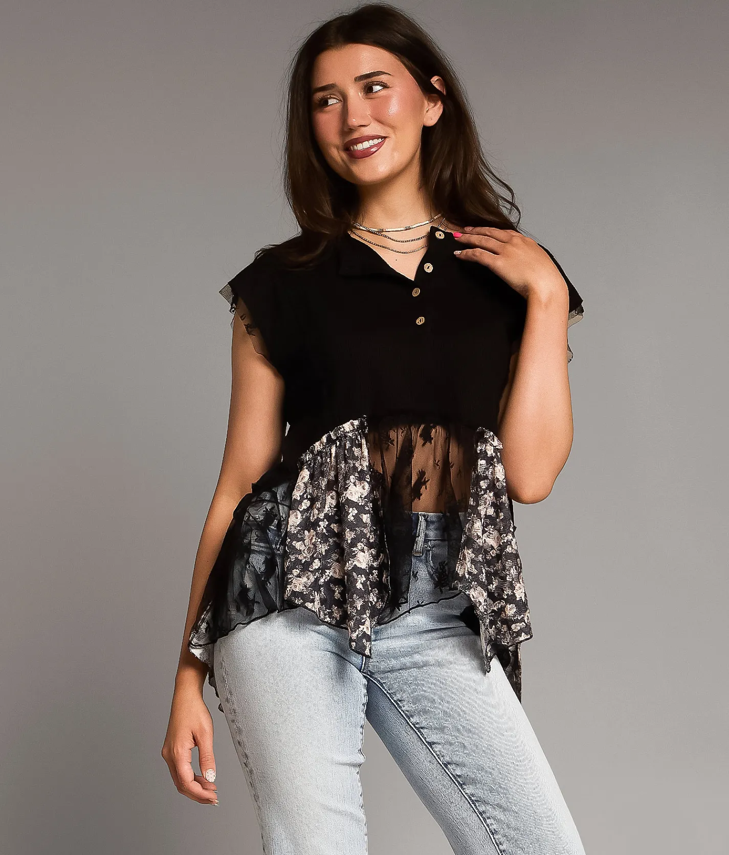 Tops | BKE Pieced Floral Lace Henley Black
