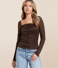 Tops | Willow & Root Pieced Floral Lace Top Brown