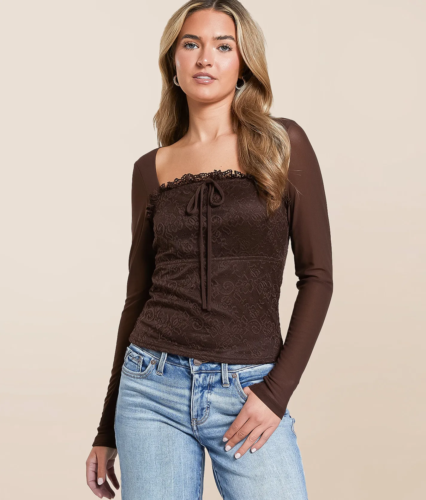 Tops | Willow & Root Pieced Floral Lace Top Brown