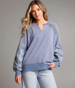 BKE Pieced Floral Pullover Washed Blue Best