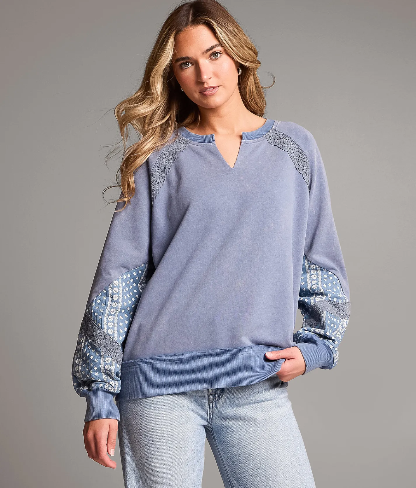 BKE Pieced Floral Pullover Washed Blue Best