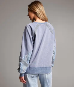 BKE Pieced Floral Pullover Washed Blue Best