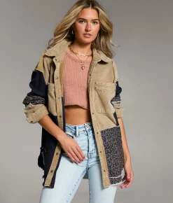 Tops|Coats & Jackets | BKE Pieced Floral Shacket Cream
