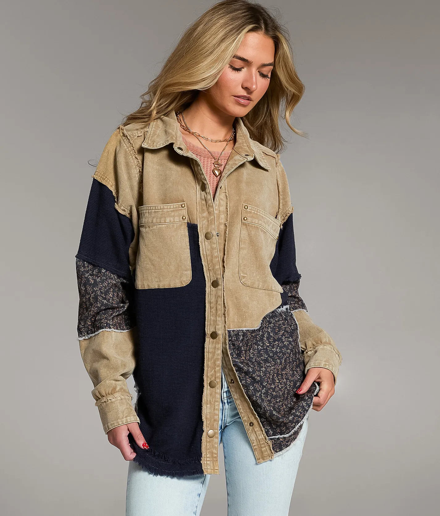 Tops|Coats & Jackets | BKE Pieced Floral Shacket Cream