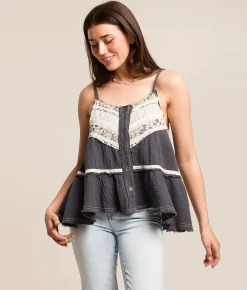 Tops | POL Pieced Floral Tank Top Navy Charcoal