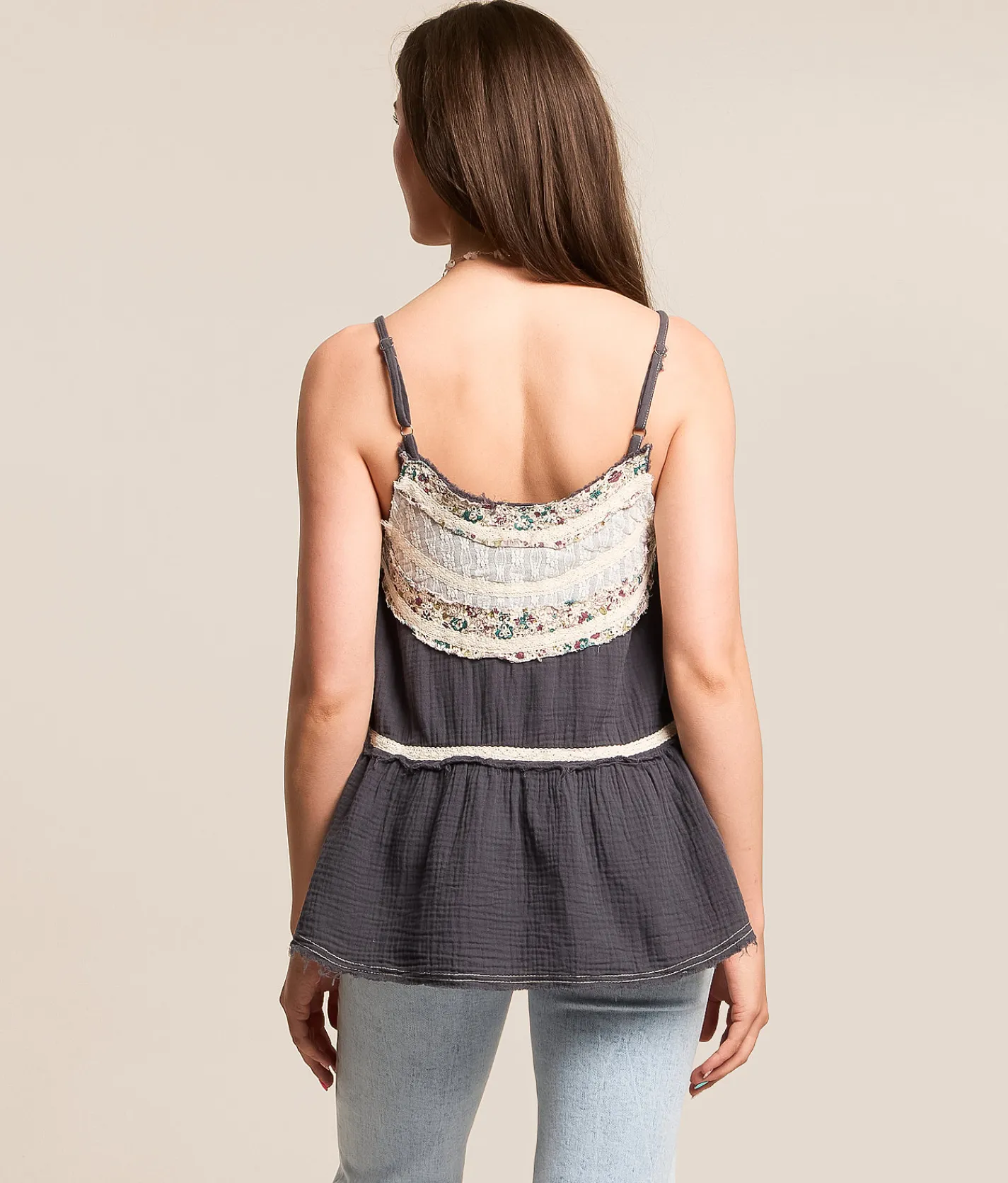Tops | POL Pieced Floral Tank Top Navy Charcoal