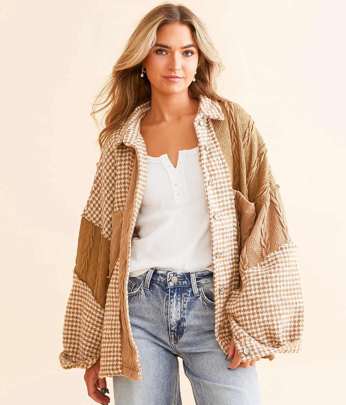 POL Pieced Gingham Jacket Mocha Multi