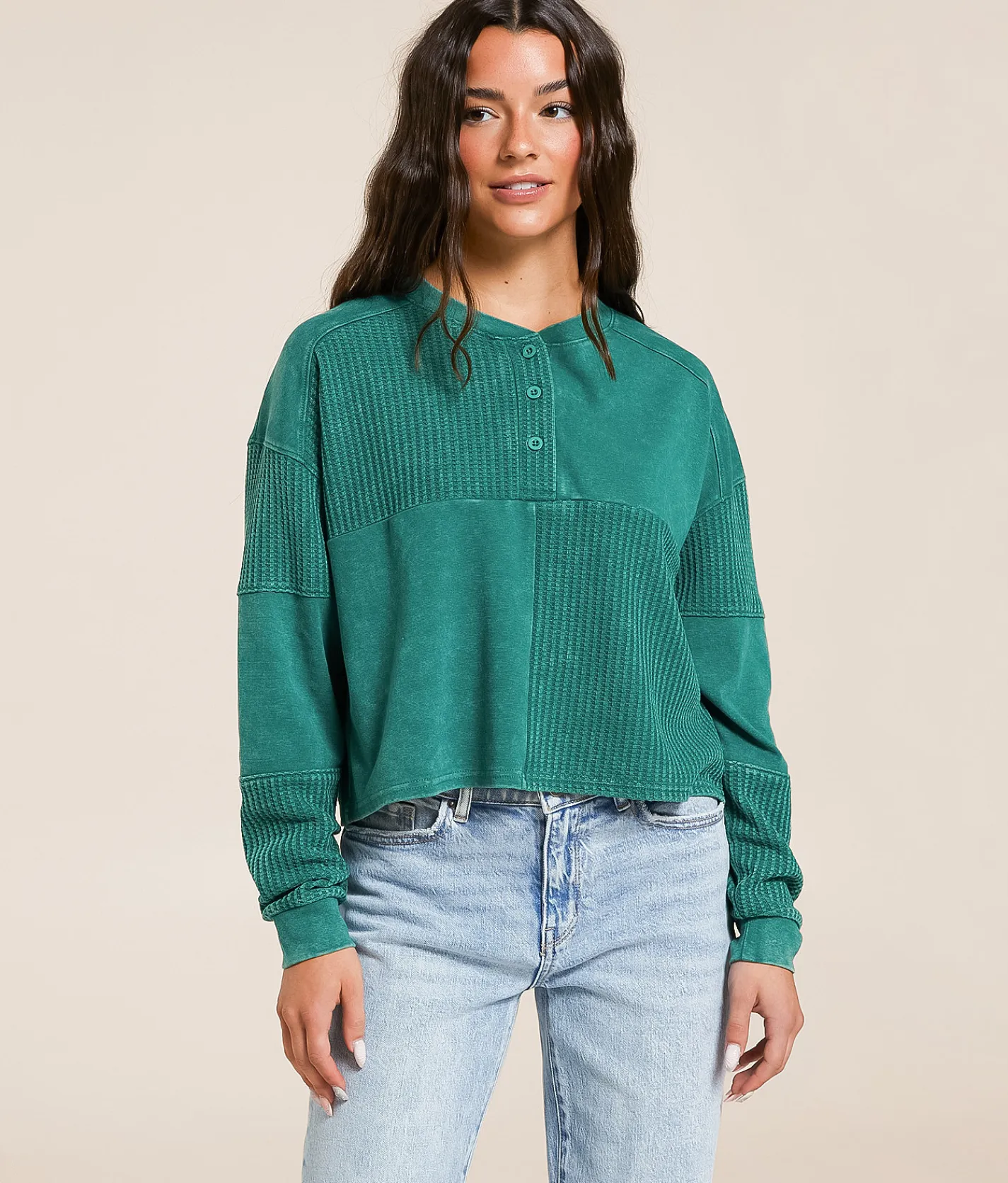 FITZ + EDDI Pieced Henley Antique Green Hot