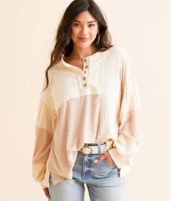 Tops | POL Pieced Henley Oversized Top Cream Beige