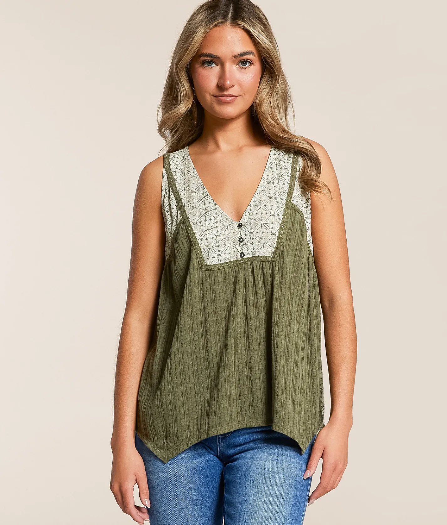 Daytrip Pieced Henley Tank Top Olive Hot