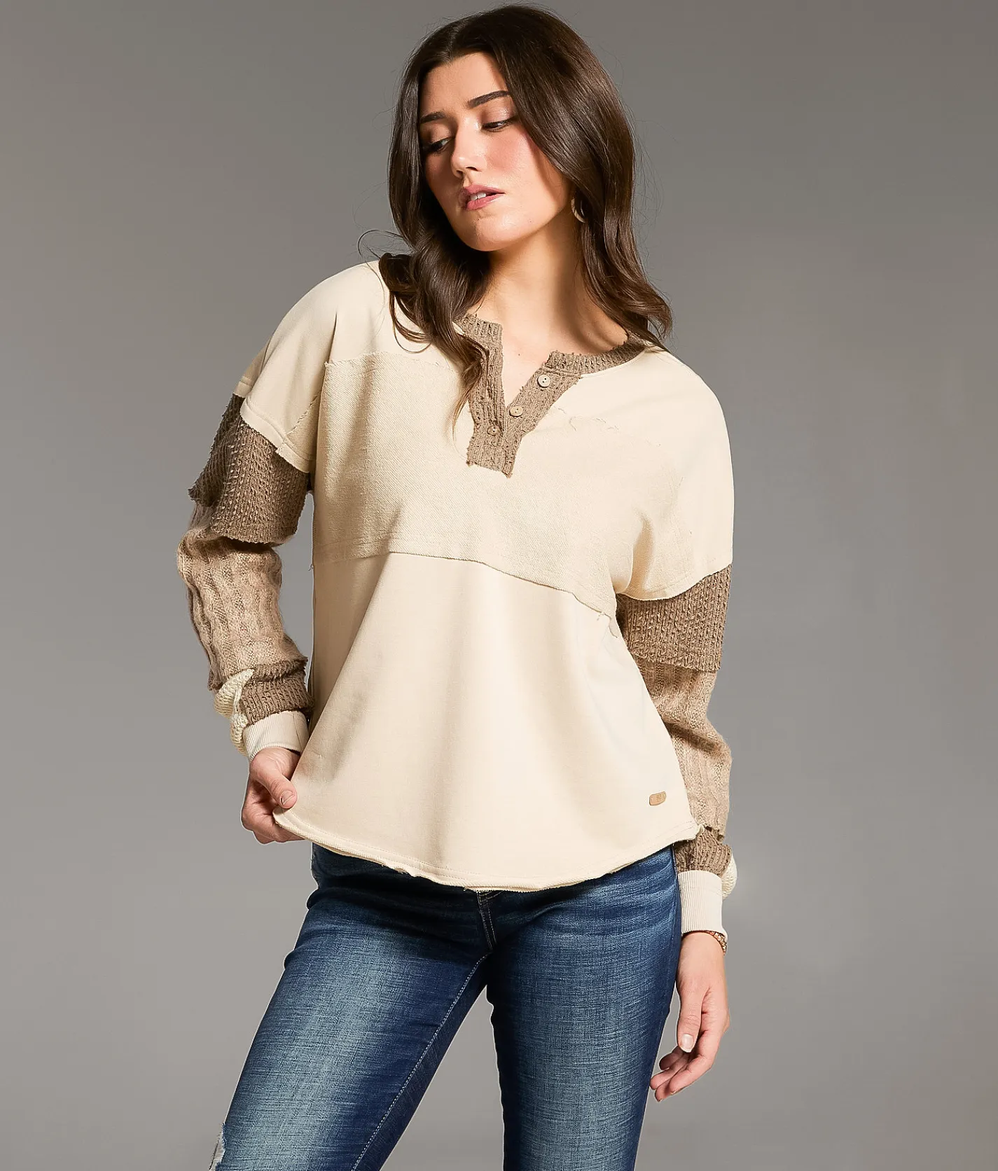 Tops | BKE Pieced Henley Top Cream
