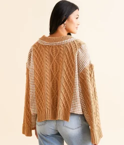 POL Pieced Houndstooth Cardigan Sweater Mocha Multi Online