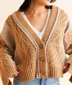 POL Pieced Houndstooth Cardigan Sweater Mocha Multi Online