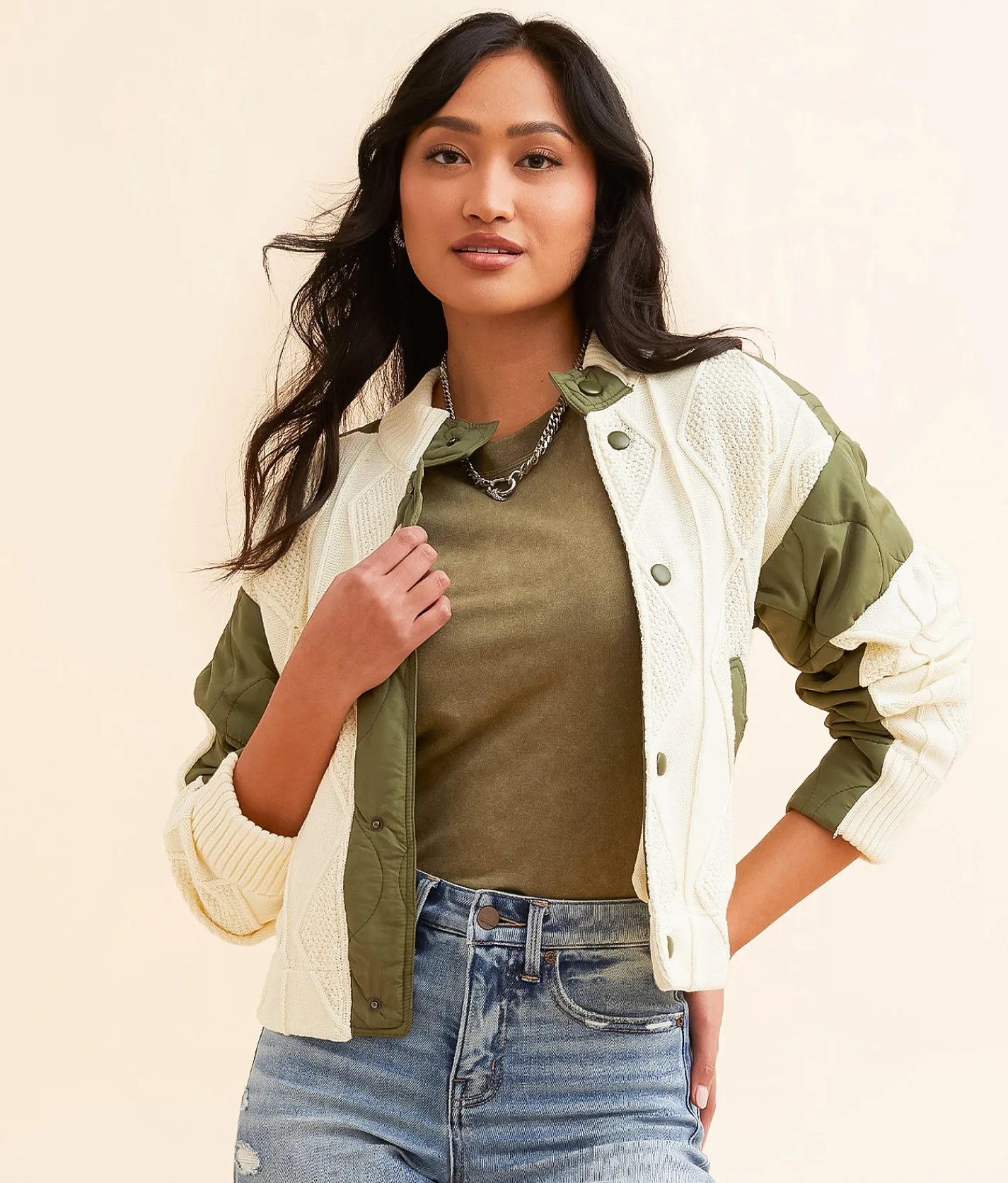 Open SZN Pieced Jacket Cream Olive New