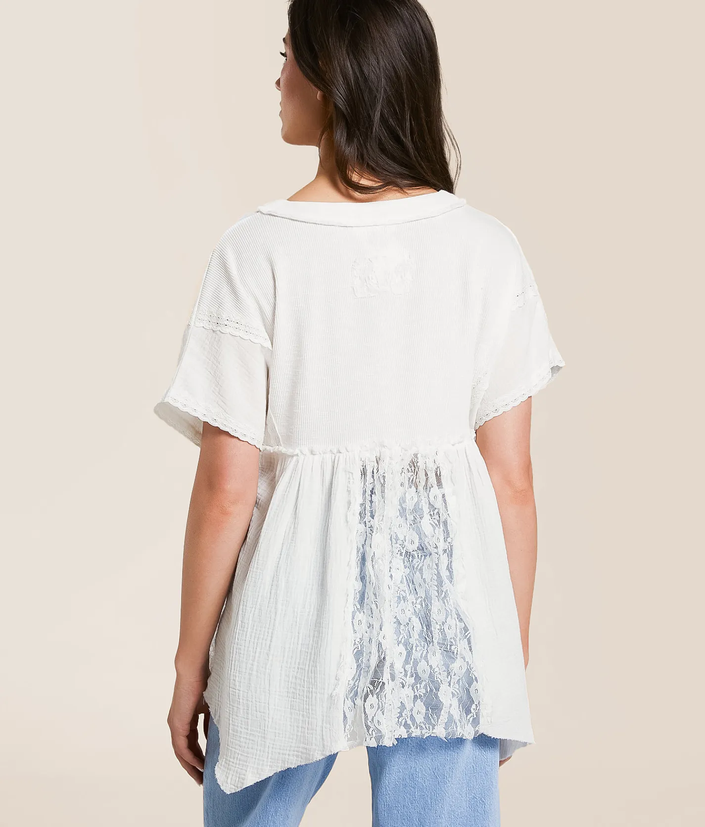 Tops | POL Pieced Lace Babydoll Henley Ivory