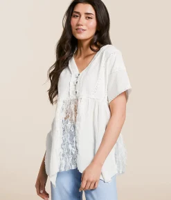 Tops | POL Pieced Lace Babydoll Henley Ivory