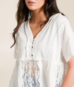 Tops | POL Pieced Lace Babydoll Henley Ivory