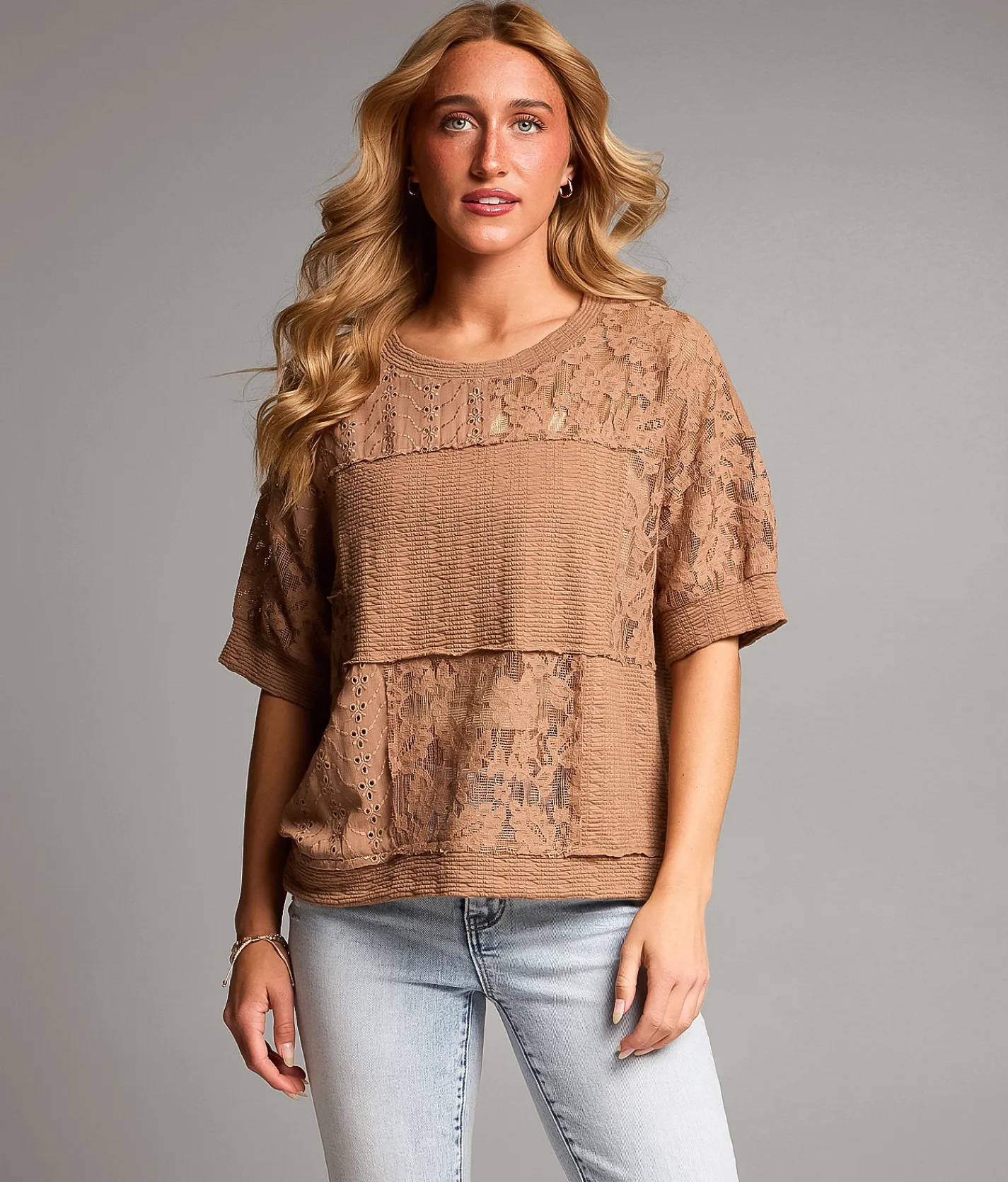BKE Pieced Lace Eyelet Top Brown Sale