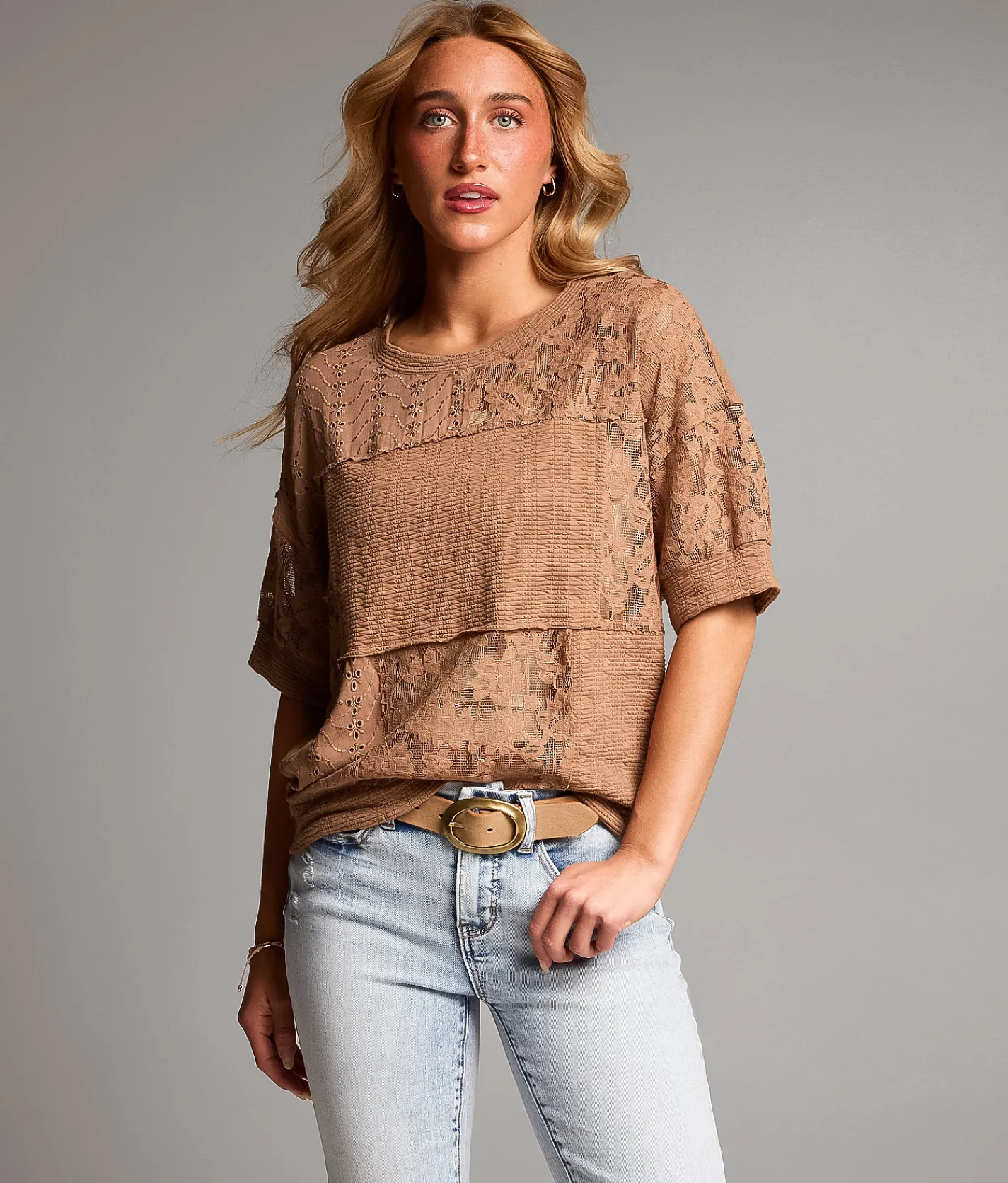 BKE Pieced Lace Eyelet Top Brown Sale