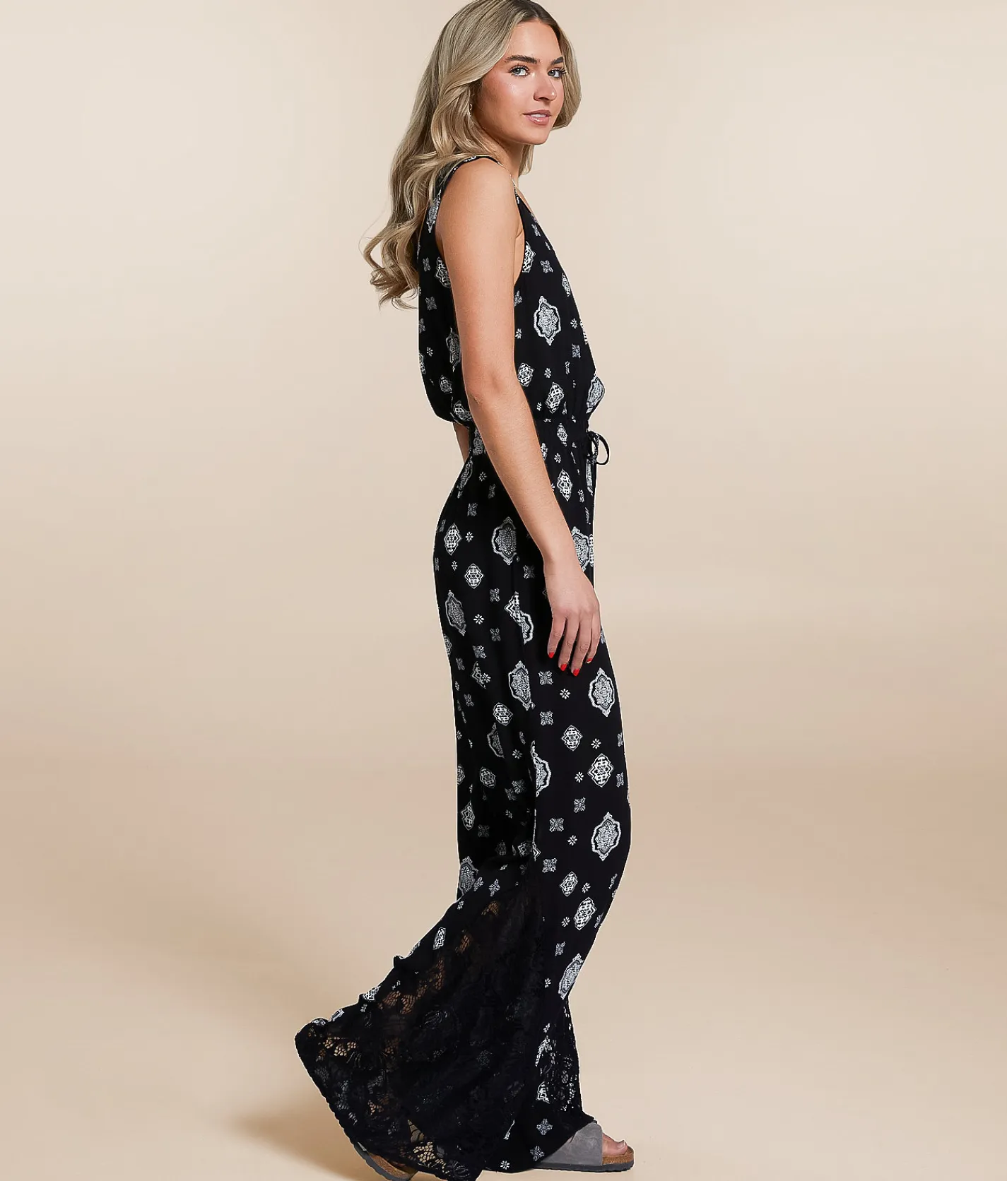 Willow & Root Pieced Lace Jumpsuit Black Ivory Best