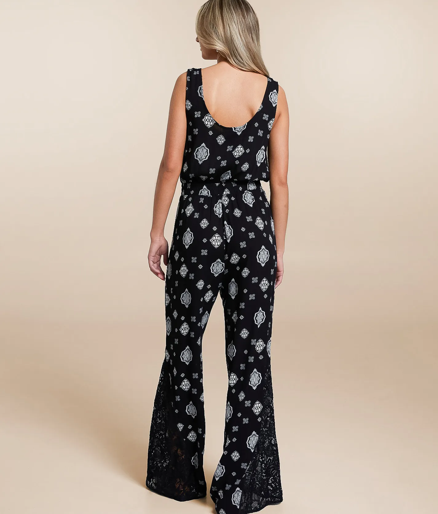 Willow & Root Pieced Lace Jumpsuit Black Ivory Best